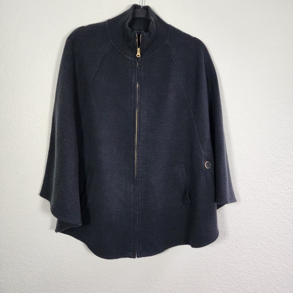 Cejon Heavy Black Knit Zip Front Cape Sweater Poncho - Pockets M/L Whimsigoth